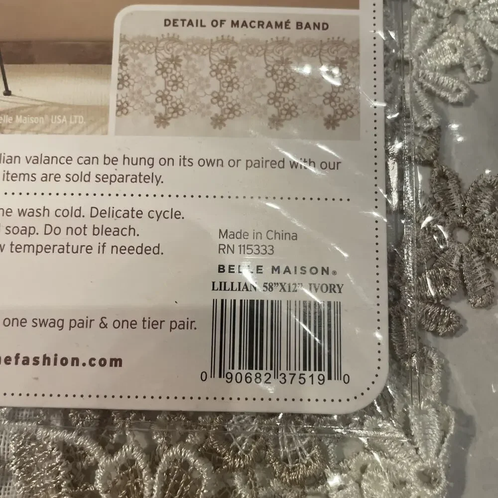 Renaissance Two Home Fashion Lillian Ivory Macrame Band Valances 58x12”Polyester
